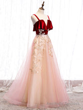 Burgundy A-line Tulle Lace Long Prom Dress Tulle Formal Dress